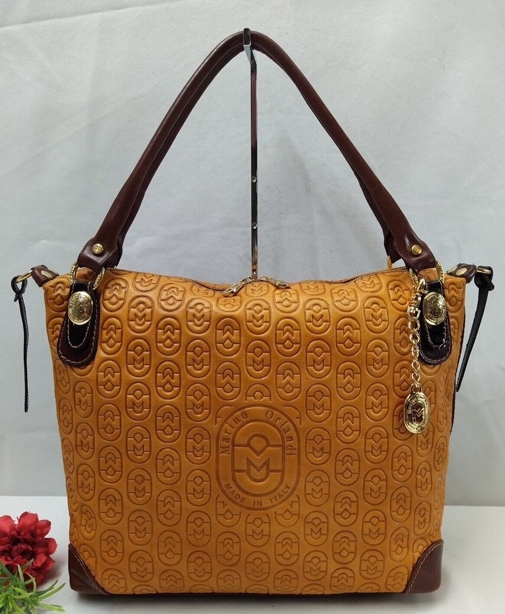 Marino Orlandi Mustard Leather Logo Embossed Top Handle Satchel Shoulder Bag
